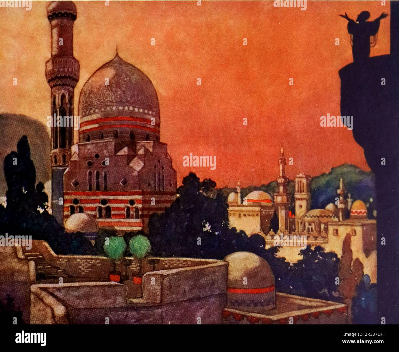 Von Rene Bull Farbe: Ein Muezzin auf einem dunklen Turm mit Blick auf Paläste und Kuppelstrukturen. Vom Rubaiyat von Omar Khayyam. Stockfoto