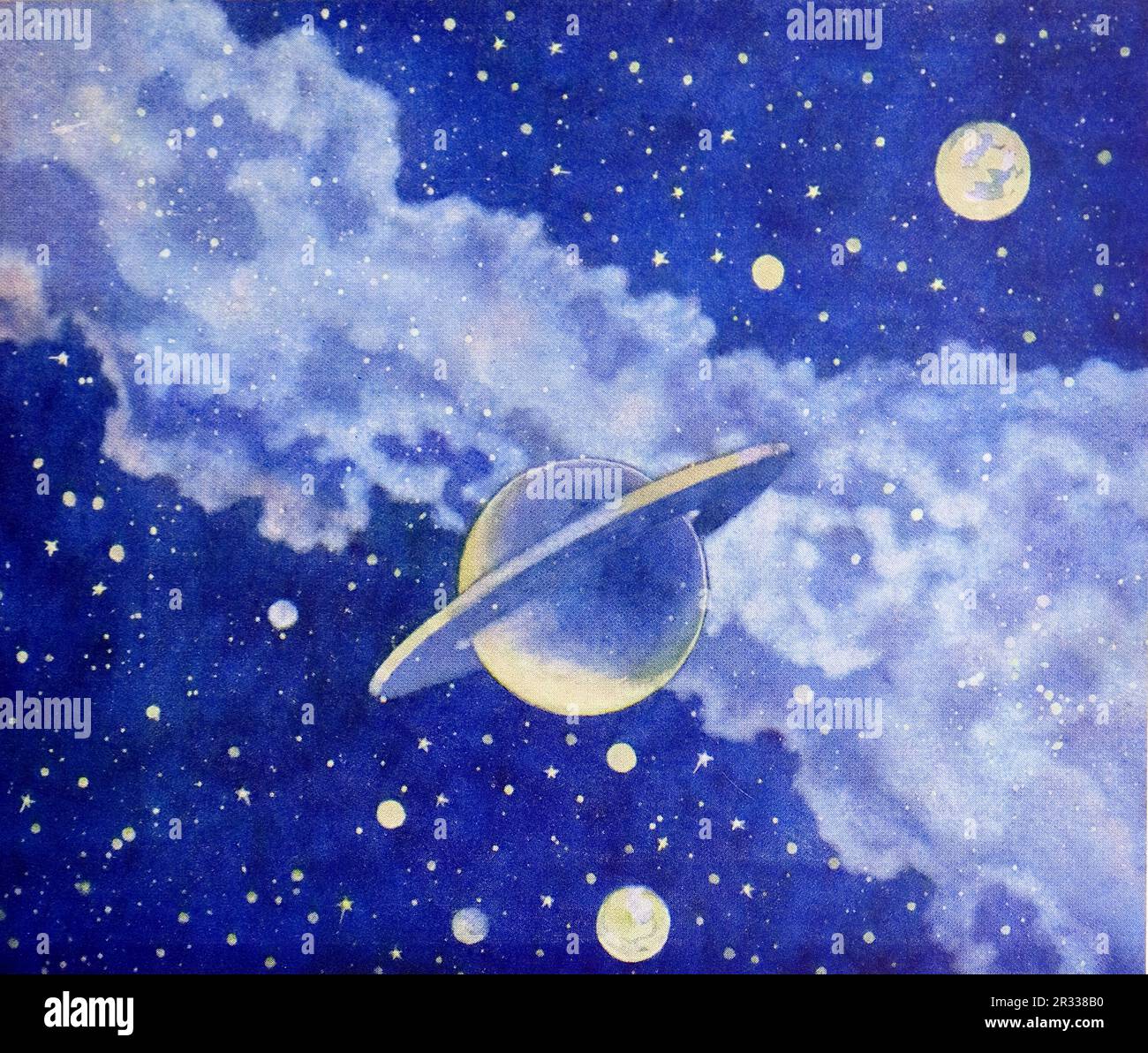 Von Rene Bull Farbe: Der umringte Planet, Saturn, mit einem anderen Planeten, möglicherweise Erde, im Hintergrund. Vom Rubaiyat von Omar Khayyam. Stockfoto