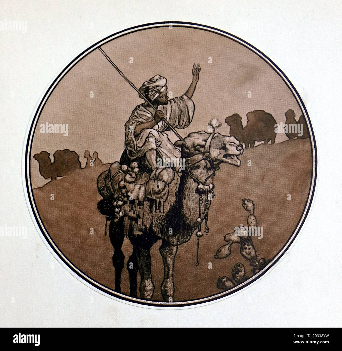 Von Rene Bull Farbe: Ein Mann auf einem Kamel winkt, während er die Karawane verlässt. Vom Rubaiyat von Omar Khayyam. Stockfoto