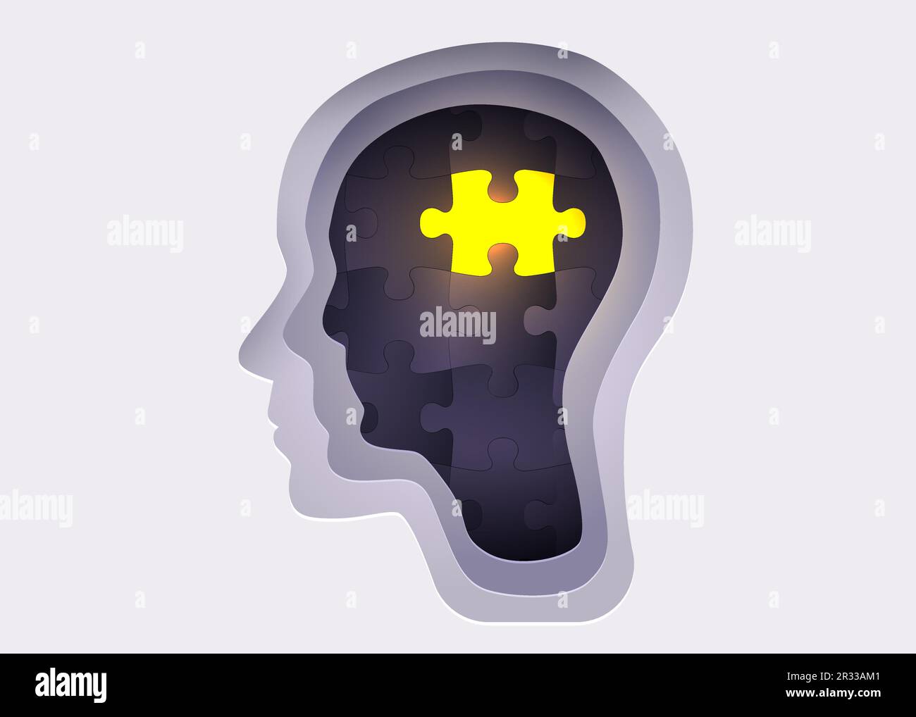 Silhouette eines menschlichen Kopfes mit Puzzle. Psychische Gesundheit und Psychologie. Vektordarstellung Stock Vektor