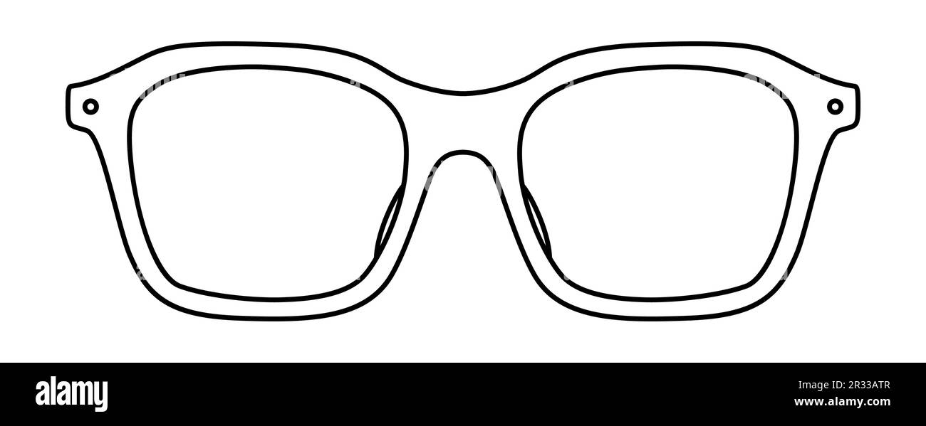 D-Rahmen Brille Modeaccessoire Illustration. Sonnenbrille Vorderansicht für Herren, Damen, Unisex-Silhouette, Brille mit flachem Rand Brille mit Linse, Skizzenstil isoliert auf weiß Stock Vektor