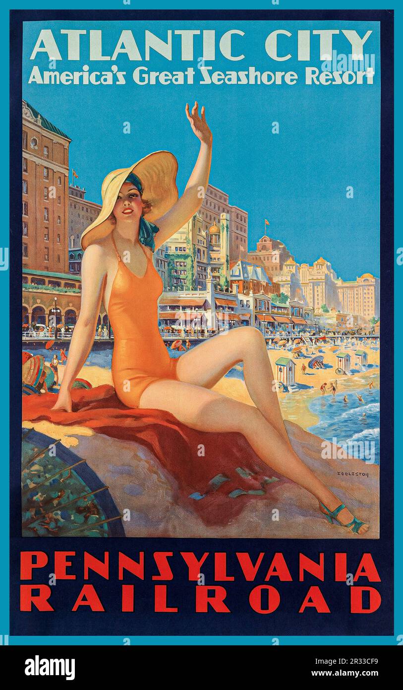 ATLANTIC CITY via Pennsylvania Railroad Vintage Travel Poster von Edward M. Eggleston - Pennsylvania Railroad - Atlantic City, 1935. "Erfasst die herrlichen Hotels entlang der Promenade, einschließlich der bekannten Chalfonte, Marlborough-Blenheim und der Traymore..." Gedruckt/veröffentlicht von The Osborne Company of Clifton, New Jersey. Datum 1935 Künstler Edward Mason Eggleston (1882-1941) Stockfoto