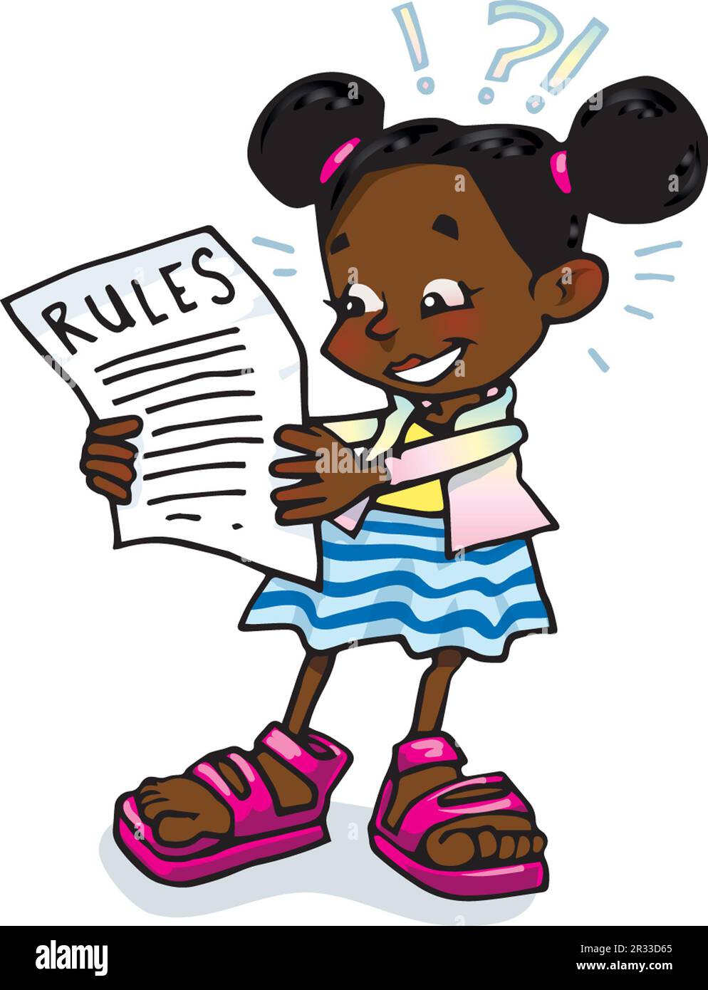 Ein junges schwarzes Mädchen, das eine Liste von Regeln liest, hat Fragezeichen und Ausrufezeichen erstellt, die auf Verständnis und Fragen der pädagogischen Kunst hinweisen Stockfoto