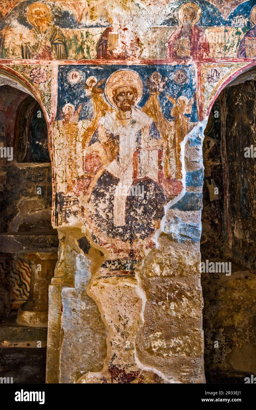 Byzantinische Gemälde in der Agioi Anargyroi Kirche im Dorf Koumani, in der Nähe des Dorfes Nomitsi und Kardamili, Peloponnes Halbinsel, Griechenland Stockfoto