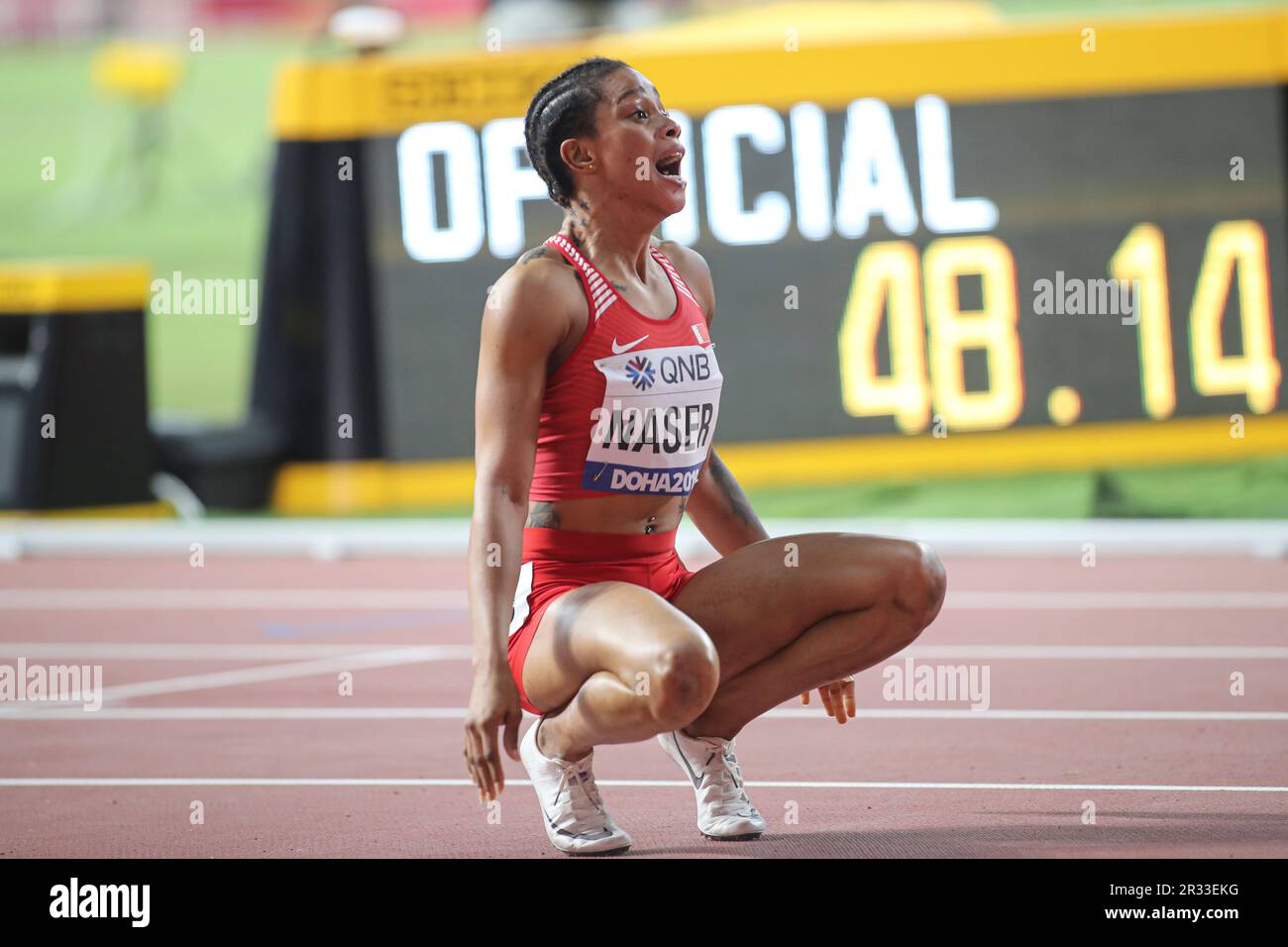 Salwa Eid Naser gewann die 400m bei der Leichtathletik-Weltmeisterschaft 2019 in Doha. Stockfoto