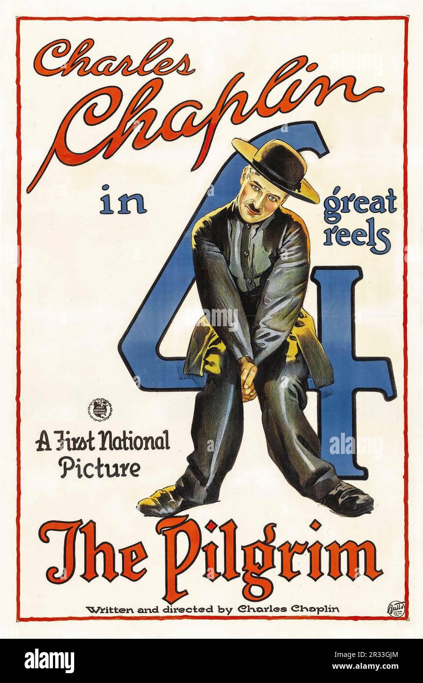 Vintage 1923 Silent Movie Poster für CHARLES CHAPLIN in The Pilgrim in 4 großen Rollen. Ein erster nationaler Film. Drehbuch und Regie: Charles Chaplin. The Pilgrim ist ein amerikanischer Stummfilm aus dem Jahr 1923, der von Charlie Chaplin für die First National Film Company mit Chaplin und Edna Purviance gedreht wurde. Der Film ist das letzte Mal, als Edna Purviance mit Chaplin zusammen spielte und der letzte Film, den er für First National drehte. Stockfoto