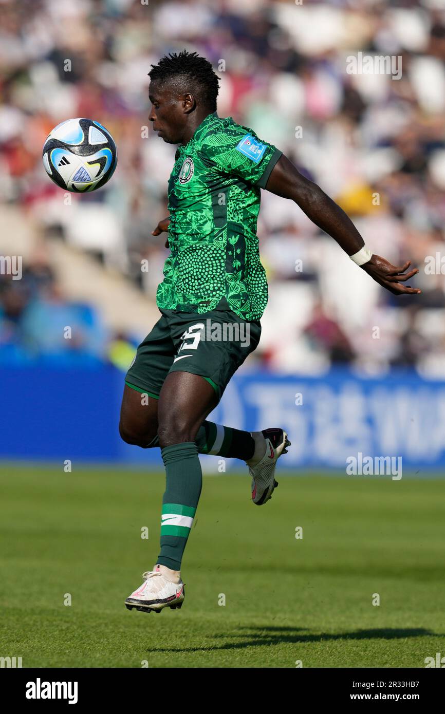 Nigeria's Jude Sunday controls the ball during a FIFA U-20 World Cup Group D soccer match against Dominican Republic at the Malvinas Argentinas stadium in Mendoza, Argentina, Sunday, May 21, 2023. (AP Photo/Natacha Pisarenko) Stockfoto