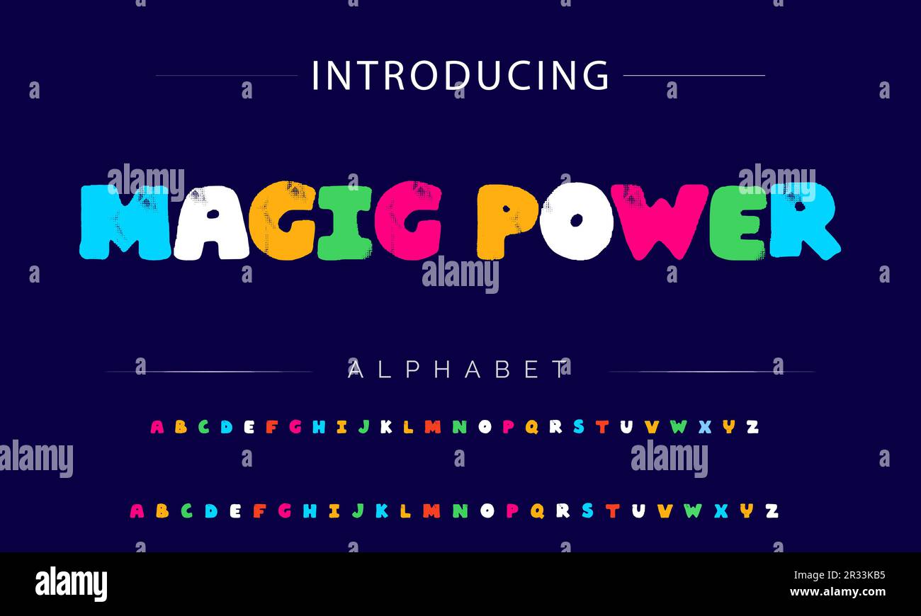 Flippige, farbenfrohe Zeichentrickschrift. Vektoralphabet Stock Vektor