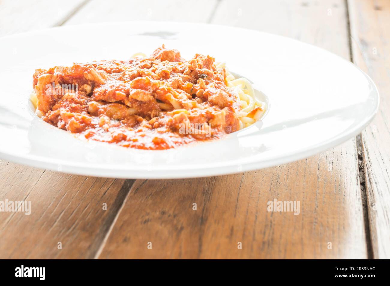 Fertiggericht mit Pasta-Tomaten-Schweinesoße Stockfoto