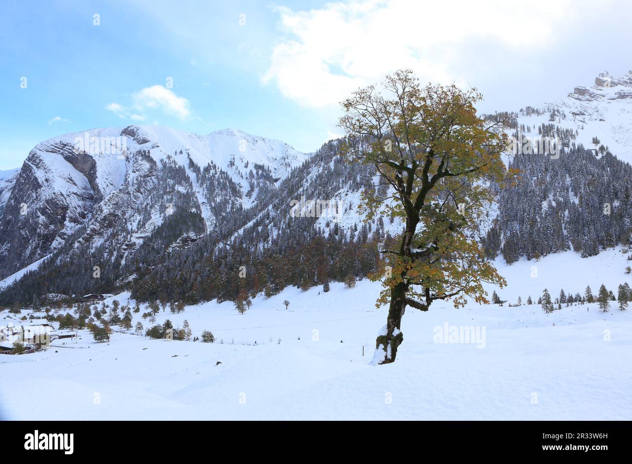 Winterbeginn im Oktober in Ahornboden Stockfoto