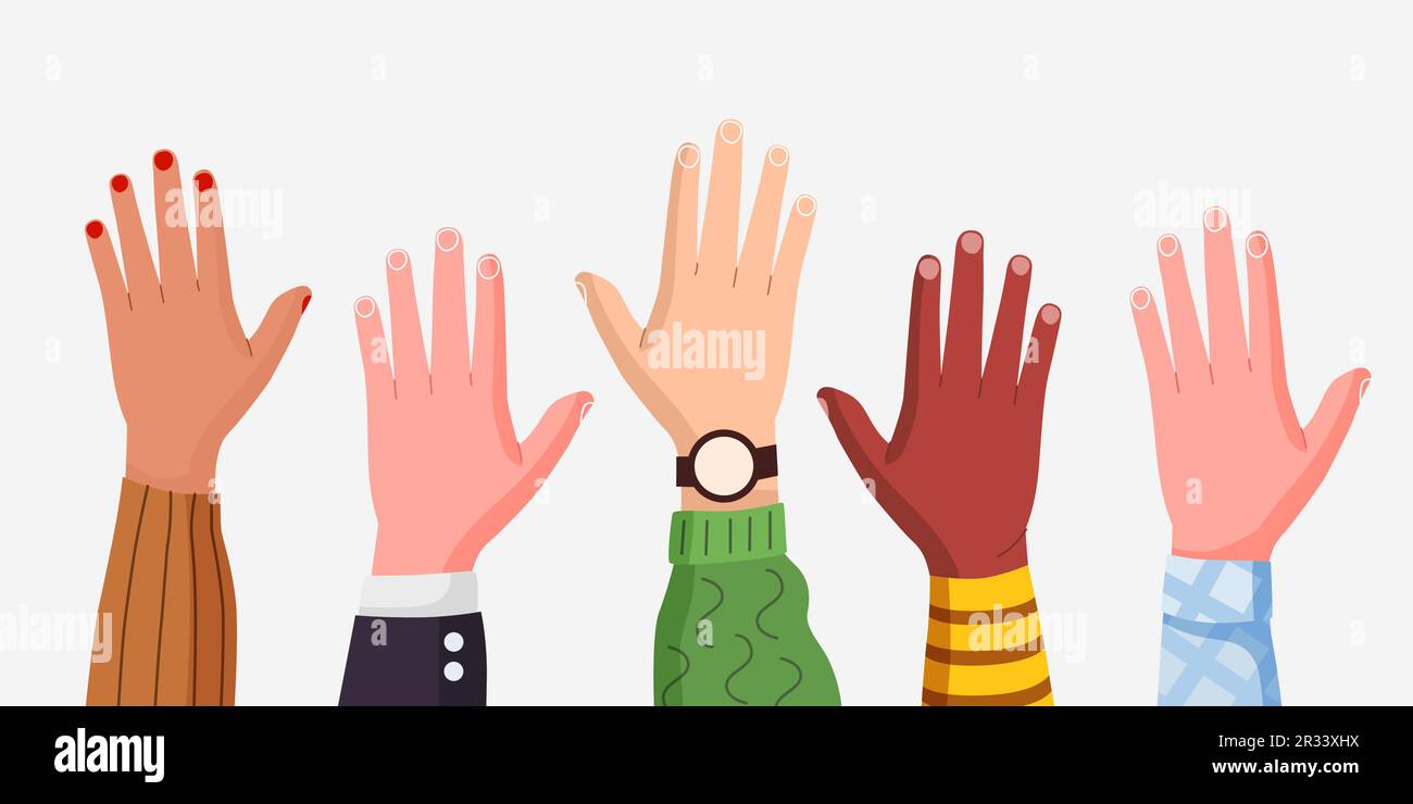 Multiethnische männliche und weibliche Hände hoch. Konzept der internationalen Freiwilligengemeinschaft. Moderner flacher Stil. Isoliert auf weißem Hintergrund. Vektordarstellung Stock Vektor