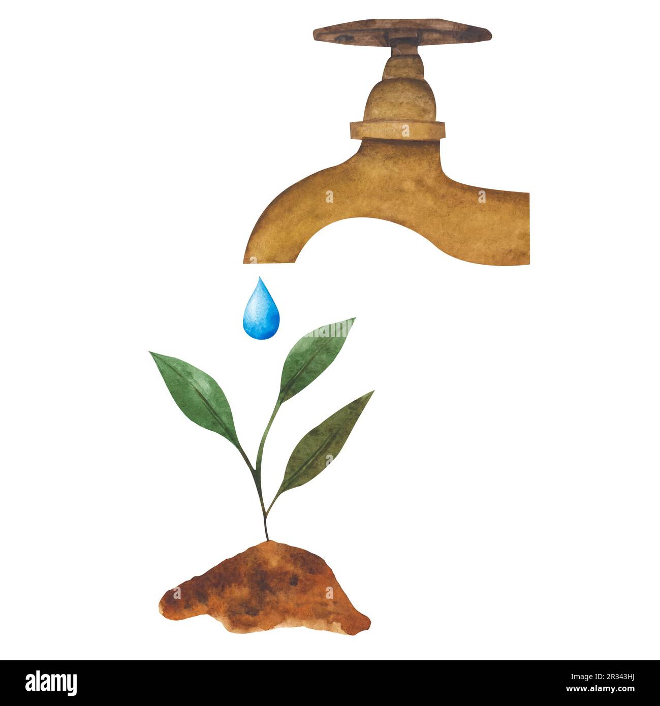 Wasserhahn wässert den Keim. Aquarell Illustration über den Erhalt von Wasserressourcen zum Thema Naturschutz, Erdentag Stockfoto