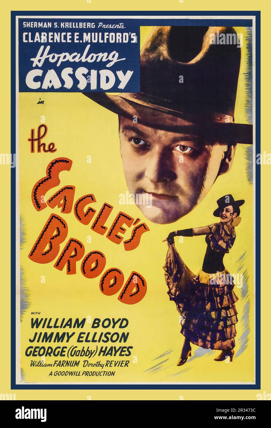 HOPALONG CASSIDY Vintage 1935 Filmposter „die Adlerbrut“ ein 1935-Film, Regie Howard Bretherton bei Paramount Productions. Es ist ein Hopalong Cassidy-Film. HOLLYWOOD, USA Stockfoto