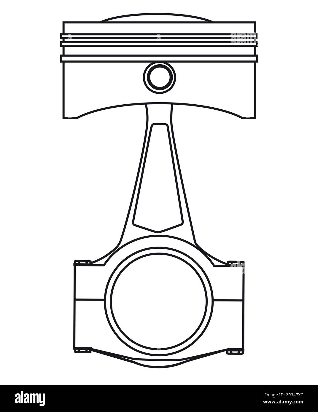 Liniendiagramm eines Kolbens von einem Benzin- oder Dieselmotor, wobei die Verbindungsstange auf weißem Hintergrund isoliert ist Stockfoto