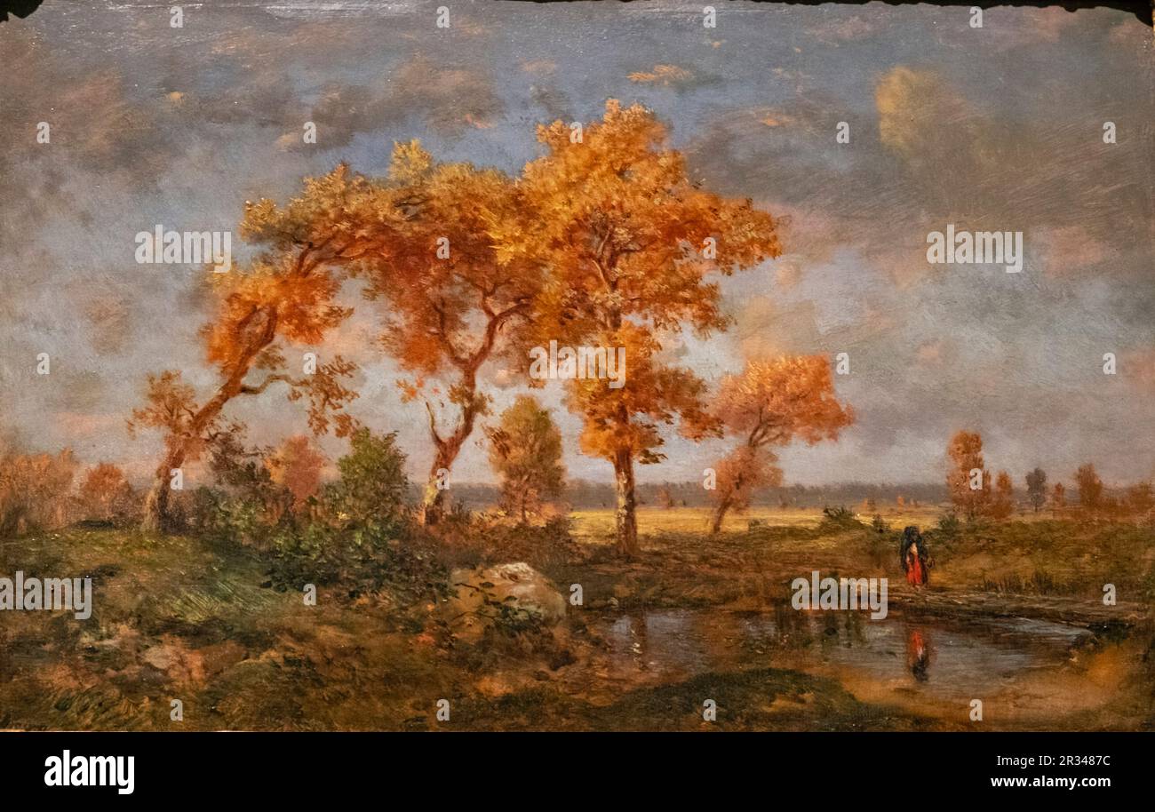 Paisaje de Otoño, Rousseau, Francia 1848-1850 oleo sobre Madera, Fundación Calouste Gulbenkian, ("Fundação Calouste Gulbenkian"), Lisboa, Portugal. Stockfoto