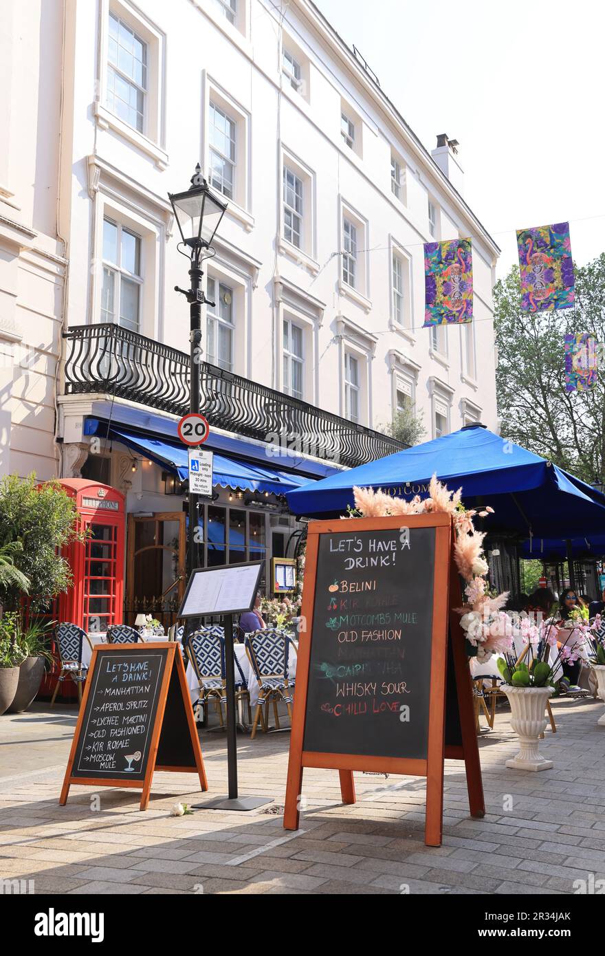 Blumeninstallationen zum Thema „in die Wildnis“ in Motcomb und Elizabeth Street für Belgravia in Bloom 2023, zeitgleich mit der Chelsea Flower Show in SW London, Großbritannien Stockfoto