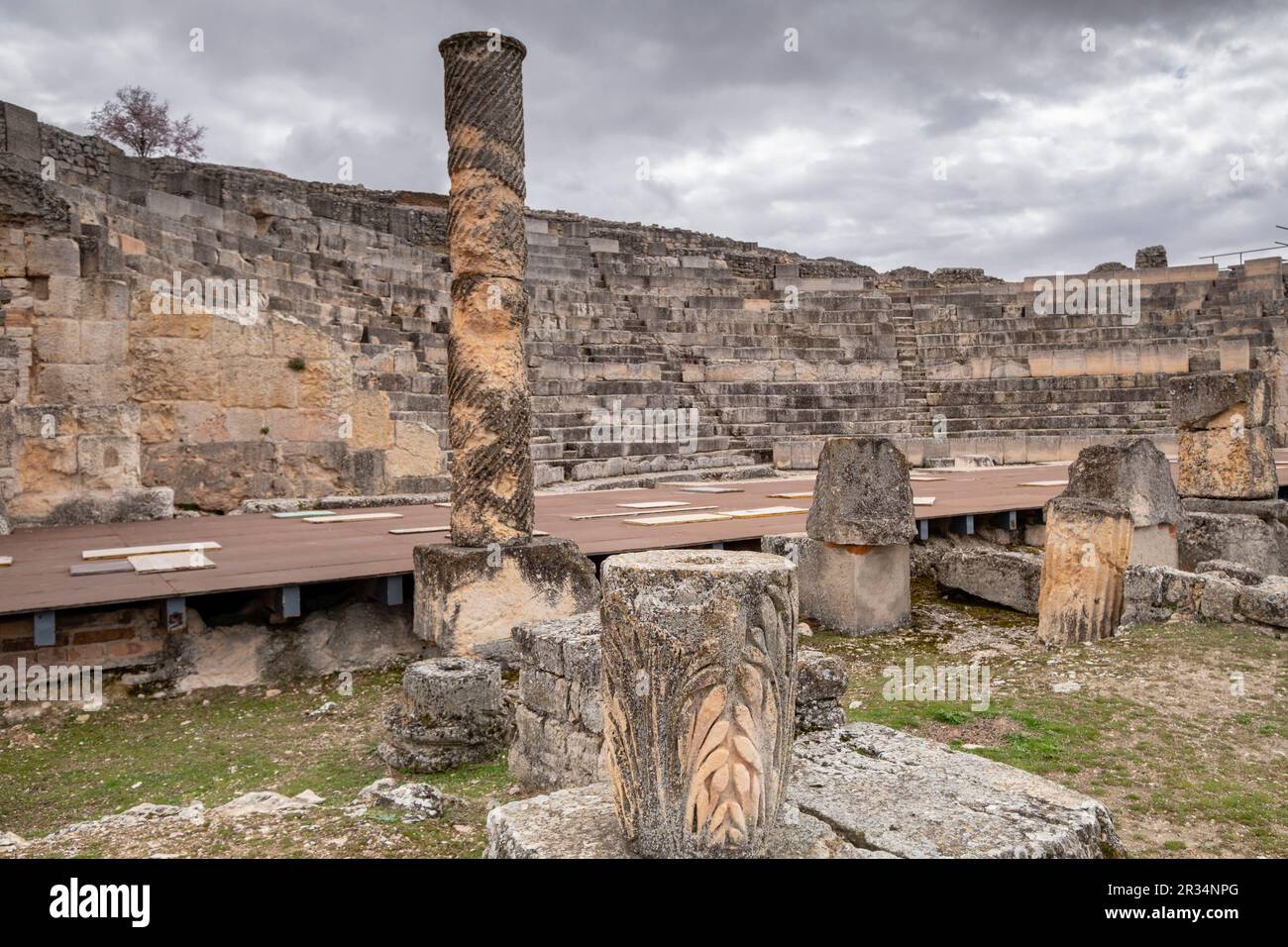 Teatro Romano, Parque arqueológico de Segóbriga, Saelices, Cuenca, Castilla-La Mancha, Spanien. Stockfoto