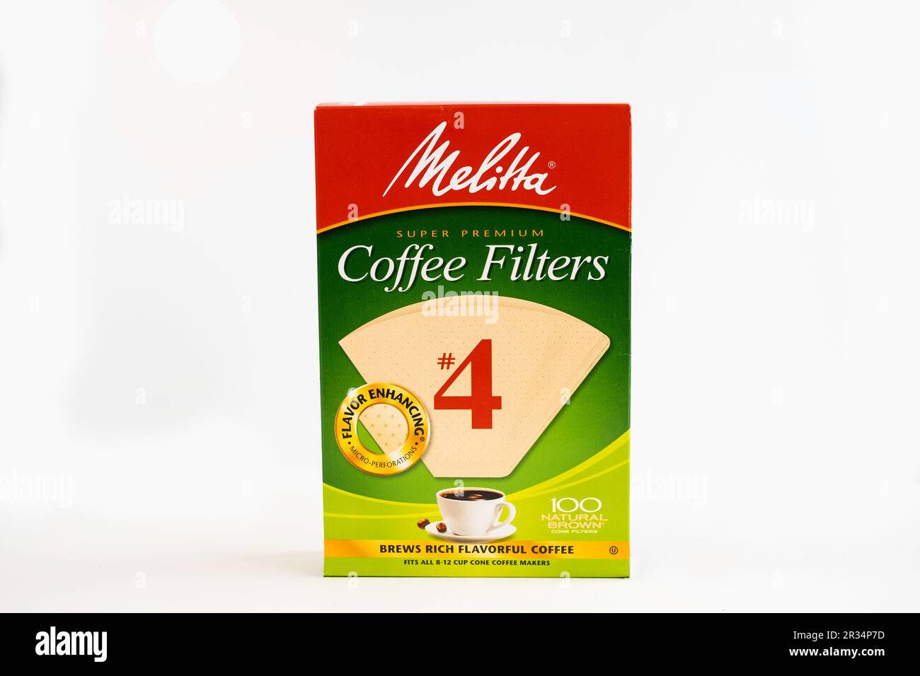 Schachtel dreieckiger Papierkaffeefilter der Marke Melitta für Filterkaffeemaschinen. USA. Stockfoto