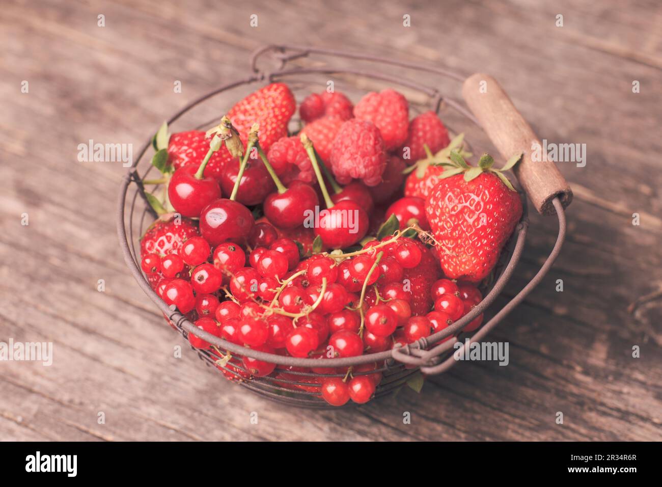 Roten Sommerfrüchten im Metallkorb auf dem Tisch Stockfoto