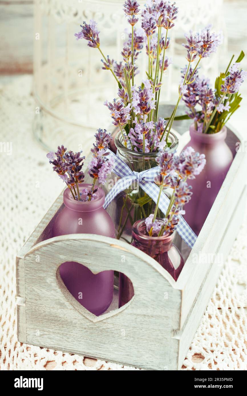 Lavendel in Flaschen Dekor Stockfoto