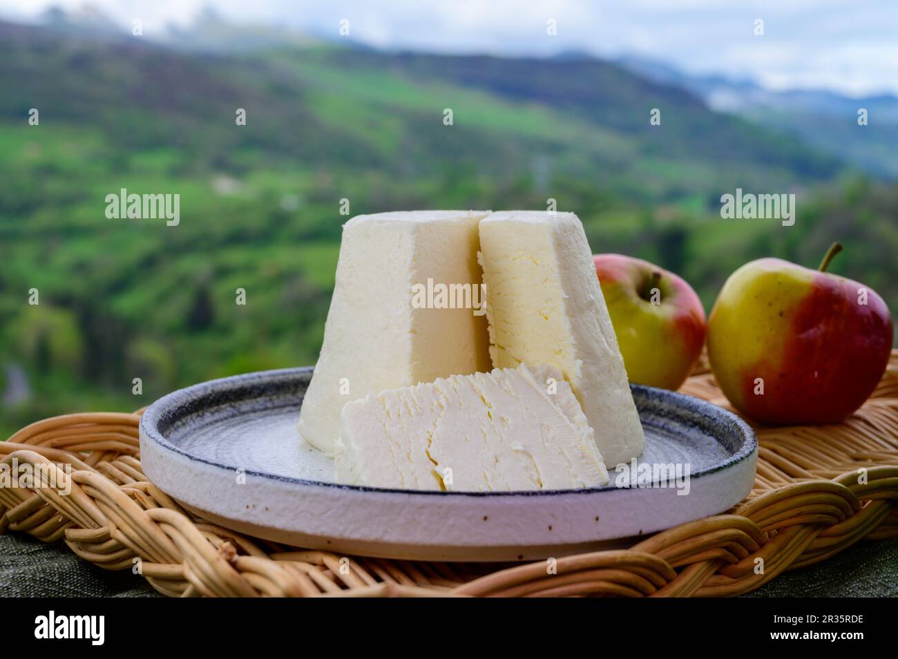 Spanischer Afuega'l pitu nicht pasteurisierter Kuhmilchkäse aus Asturien, serviert im Freien mit Äpfeln und Blick auf die grünen Hänge des Picos de Europa-Gebirges, Stockfoto