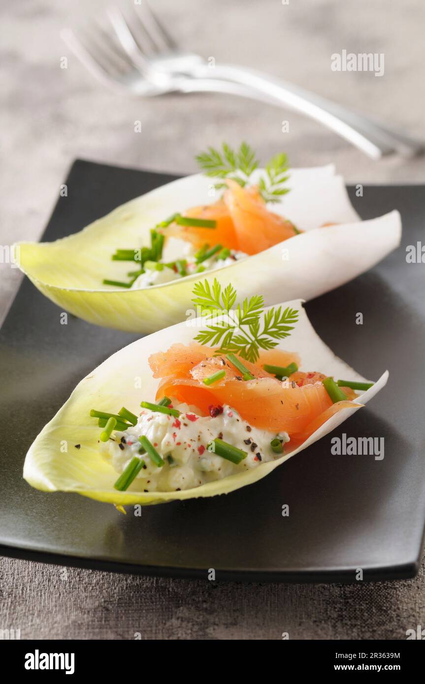 Zichorienboote gefüllt mit geräuchertem Lachs Stockfoto