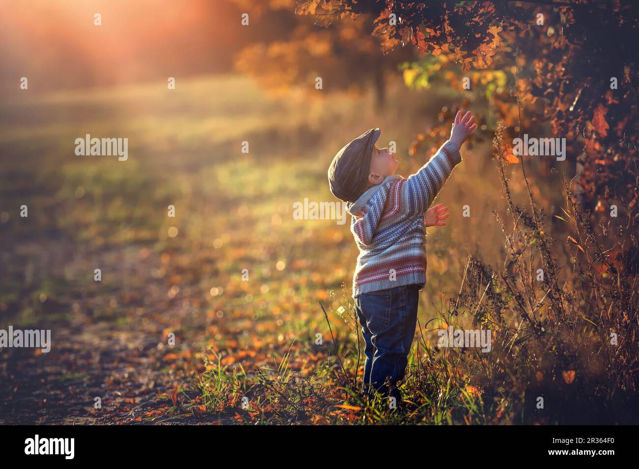 Ein Junge spielt im Herbst oder Frühling im Freien. Ein weißer Junge mit Hut bei Sonnenuntergang im Herbst Stockfoto