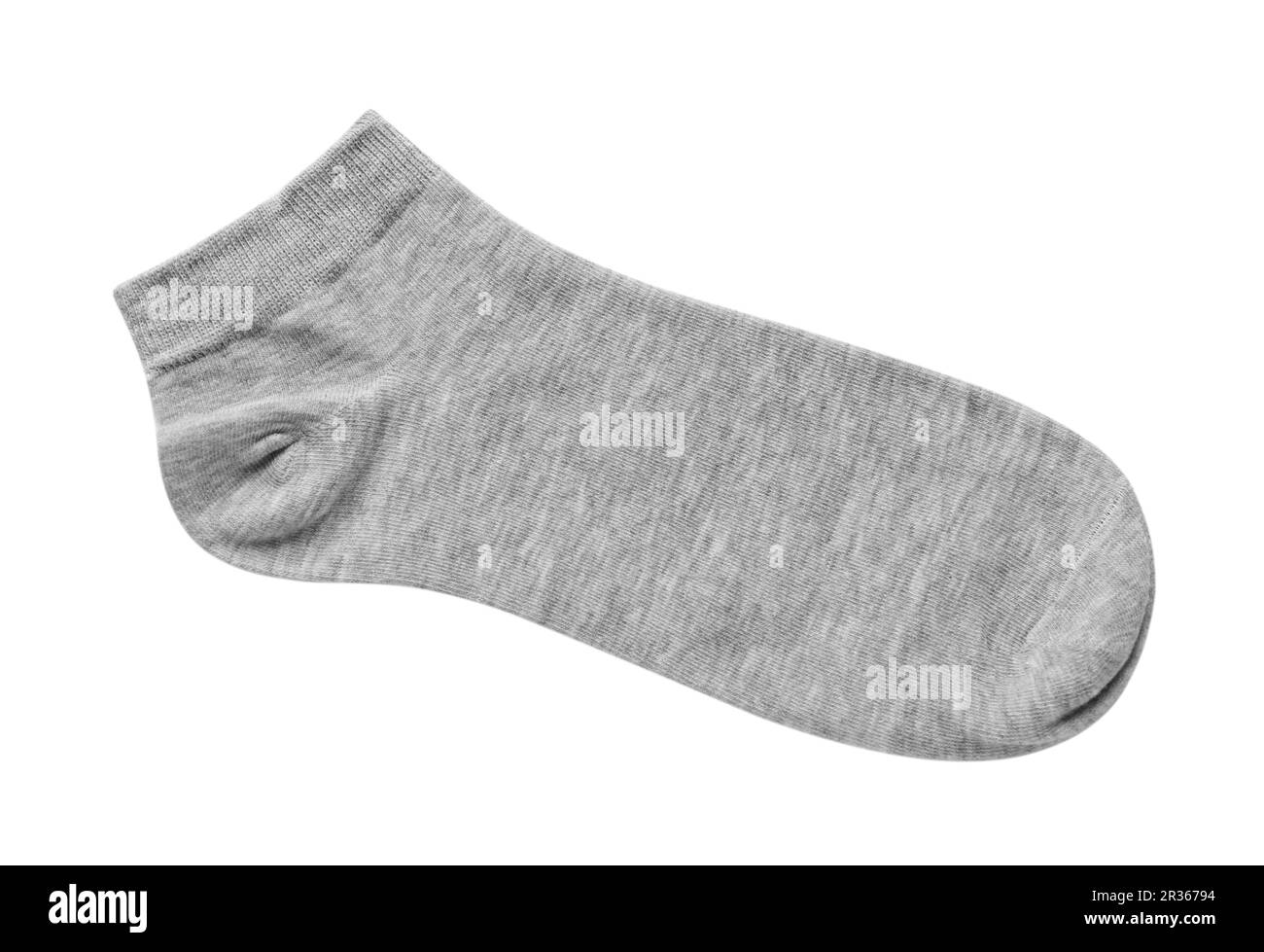Graue Socke isoliert auf weiß, Draufsicht Stockfoto