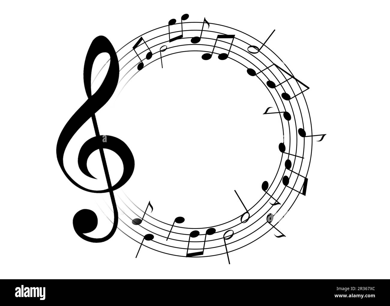 Rahmen aus Höhen und Stab mit musikalischen Noten auf weißem Hintergrund Stockfoto