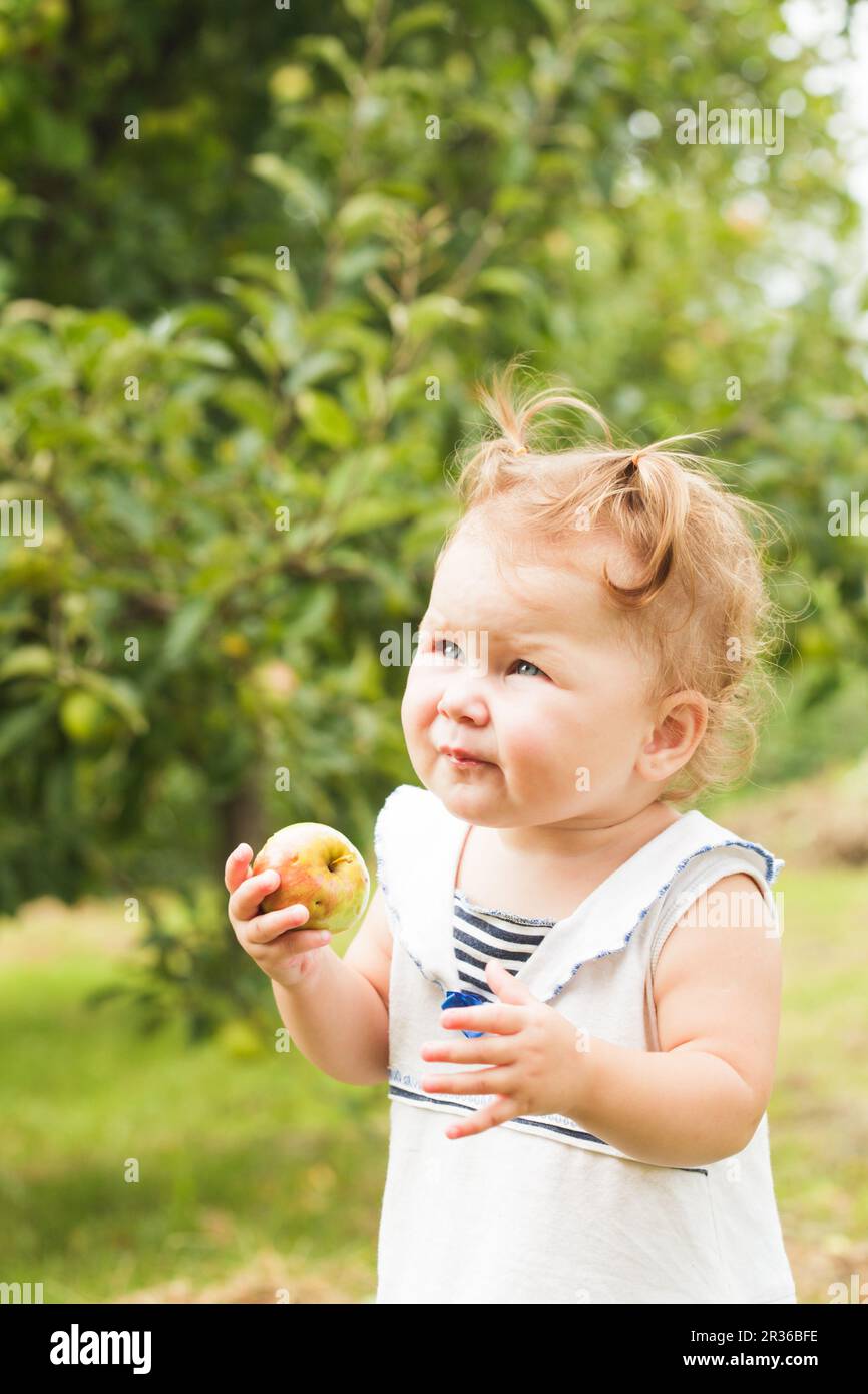 Babymädchen unter dem Apfelbaum Stockfoto