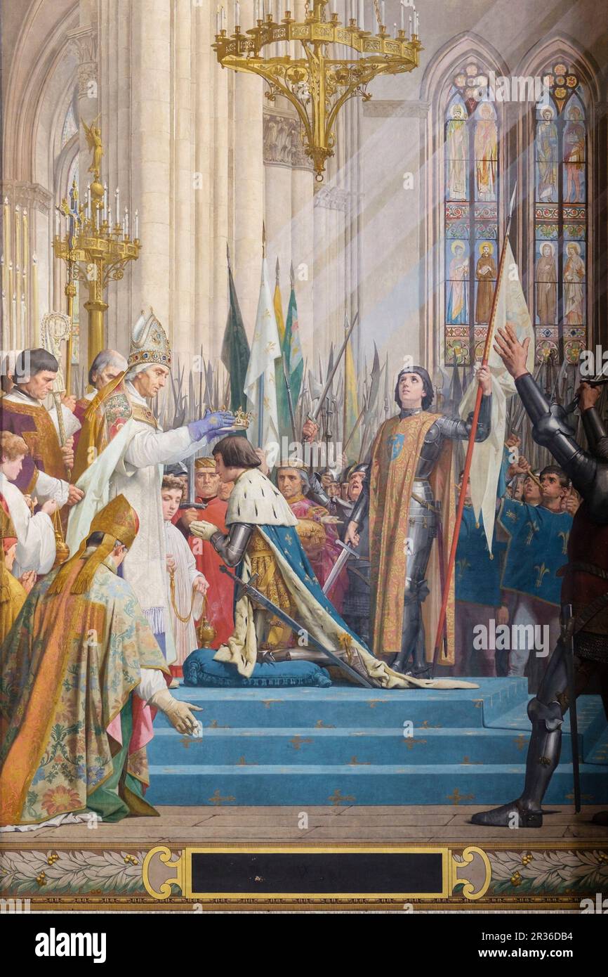 Juana de Arco en la coronación del Delfín como rey Carlos VII de Francia en Reims, Lenepveu, 1889-1890. Panteón , le Panthéon, monumento de estilo neoclásico, V distrito, París, Frankreich, Westeuropa. Stockfoto
