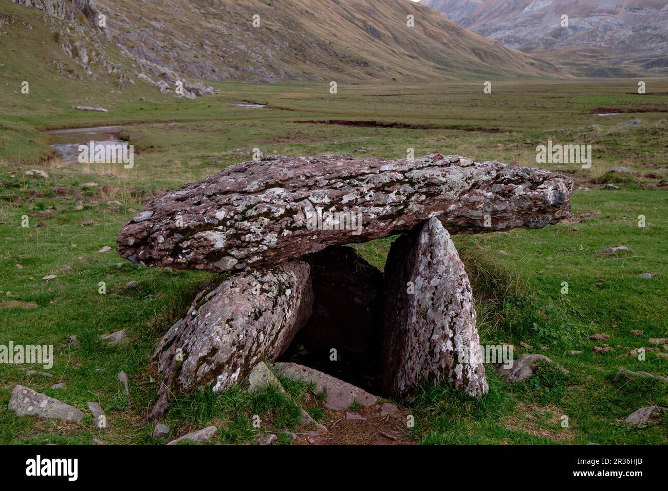 Dolmen von Achar de Aguas Tuertas, Aguas Tuertas, Guarrinza, die Gemeinde von Anso, Tal von Hecho, westlichen Täler, Pyrenäen, Provinz Huesca, Aragón, Spanien, Europa. Stockfoto