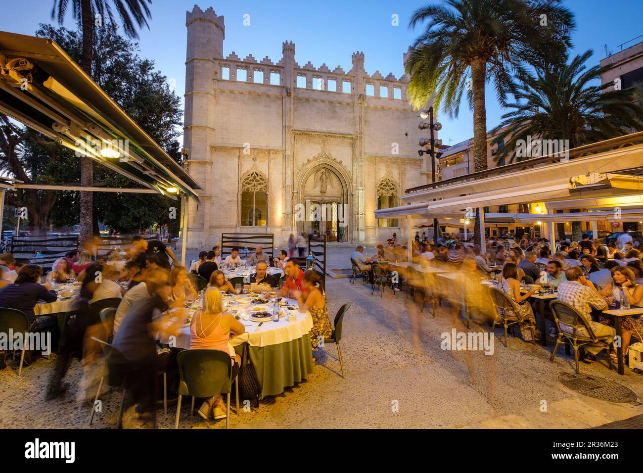 La Llotja, Frente Terrazas de Restaurante La Lonja, edificio Del Siglo XV, PalmaMallorca, Balearen, Spanien. Stockfoto