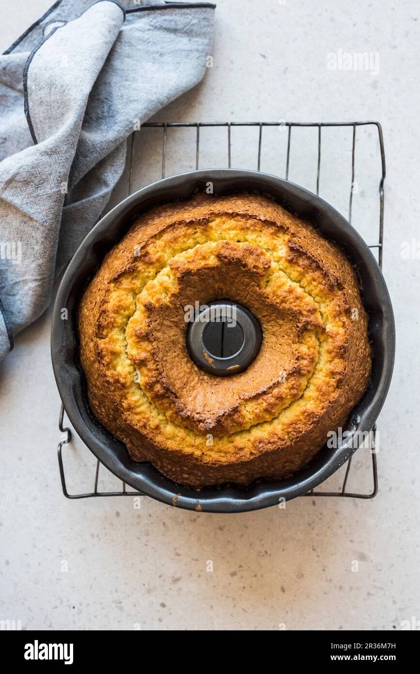 Olivenöl Bundt cake in eine Backform Stockfoto