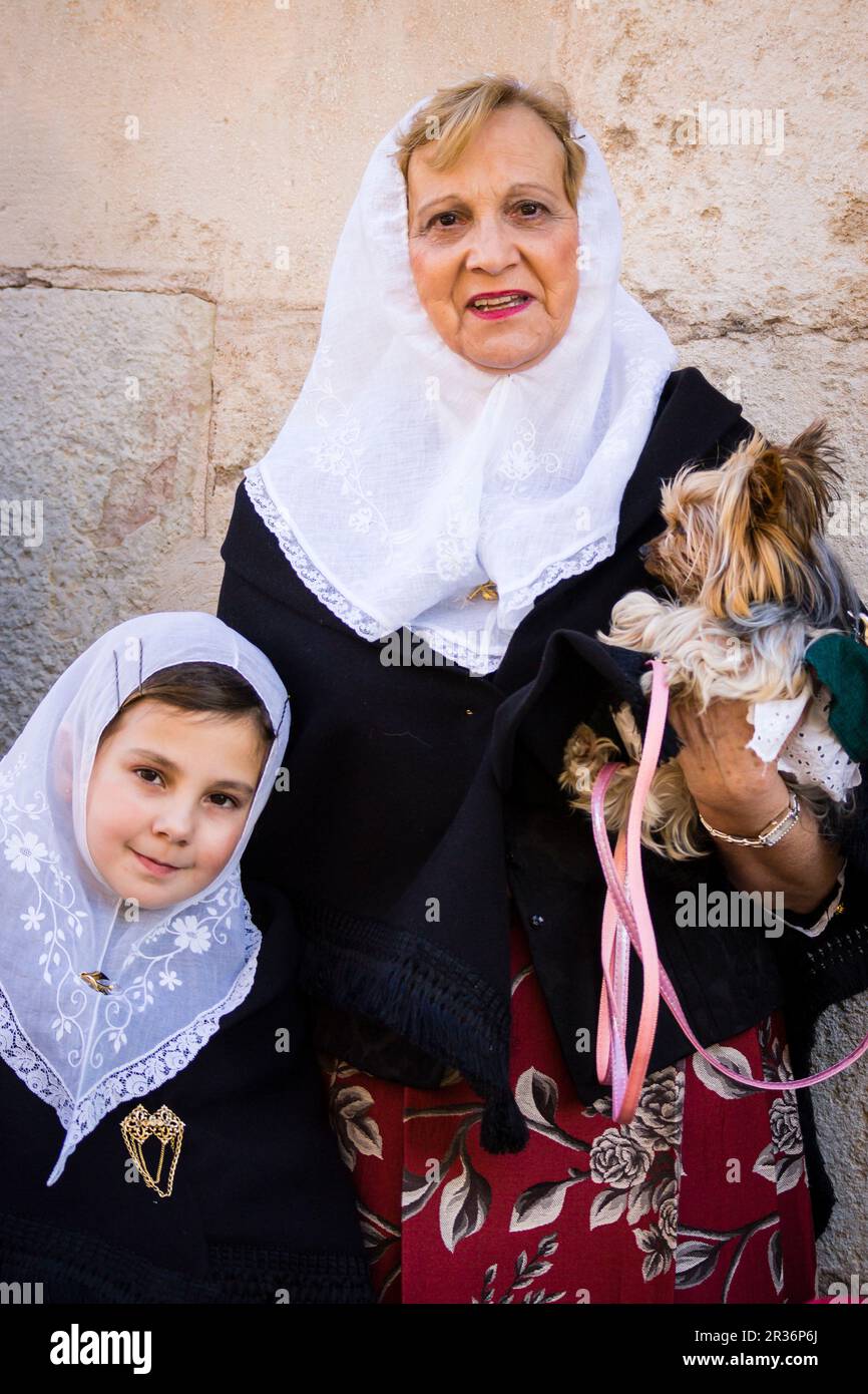 typische Kleidung, Beneïdes de Sant Antoni, Muro, Mallorca, Balearen, Spanien. Stockfoto