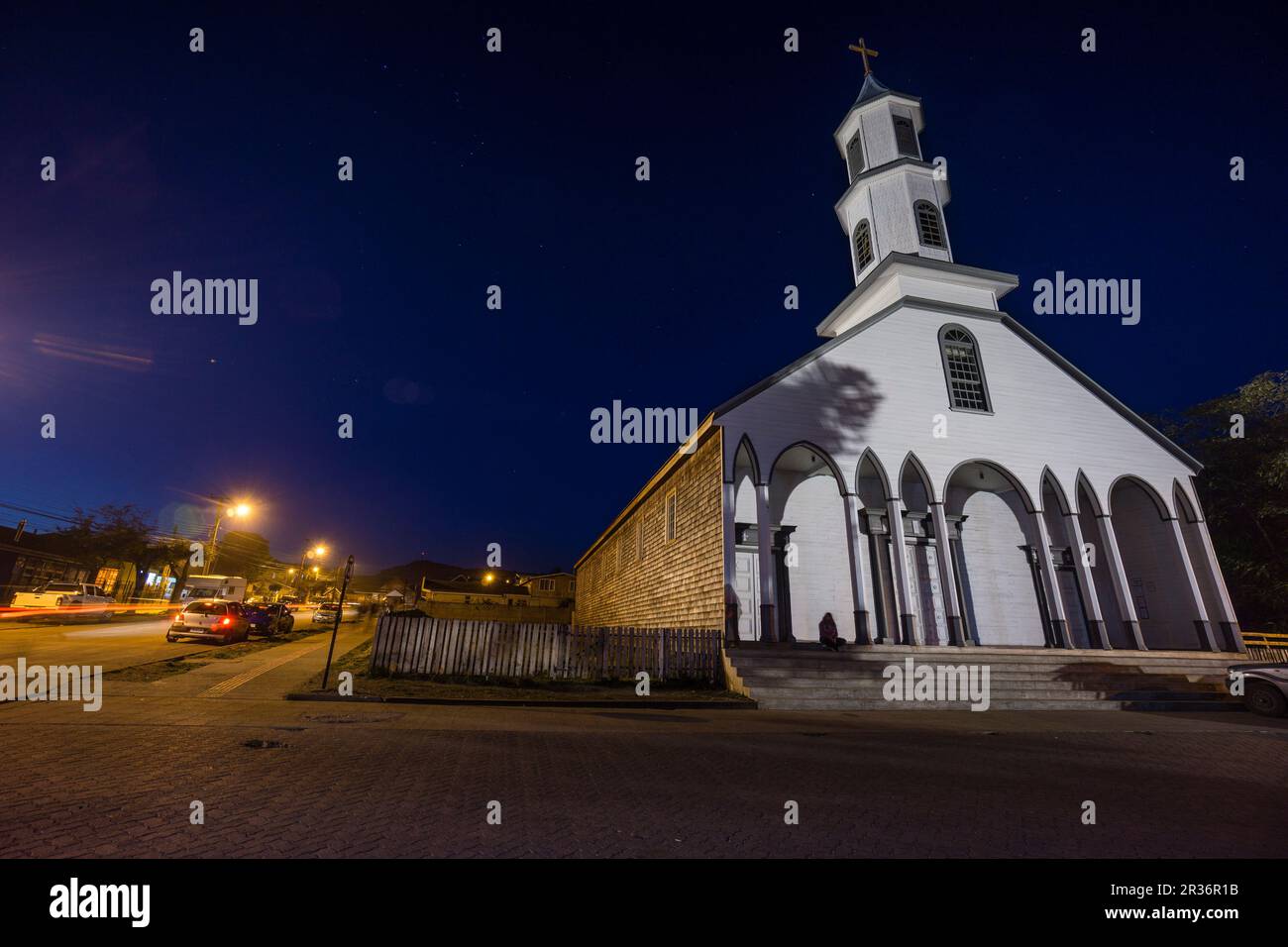 Iglesia de Nuestra Señora de los Dolores de Dalcahue, siglo XVII declarada Monumento Nacional y Patrimonio de la Humanidadarchipiélago de Chiloé, Provincia de Chiloé, Región de Los Lagos, Patagonien, República de Chile, América del Sur. Stockfoto