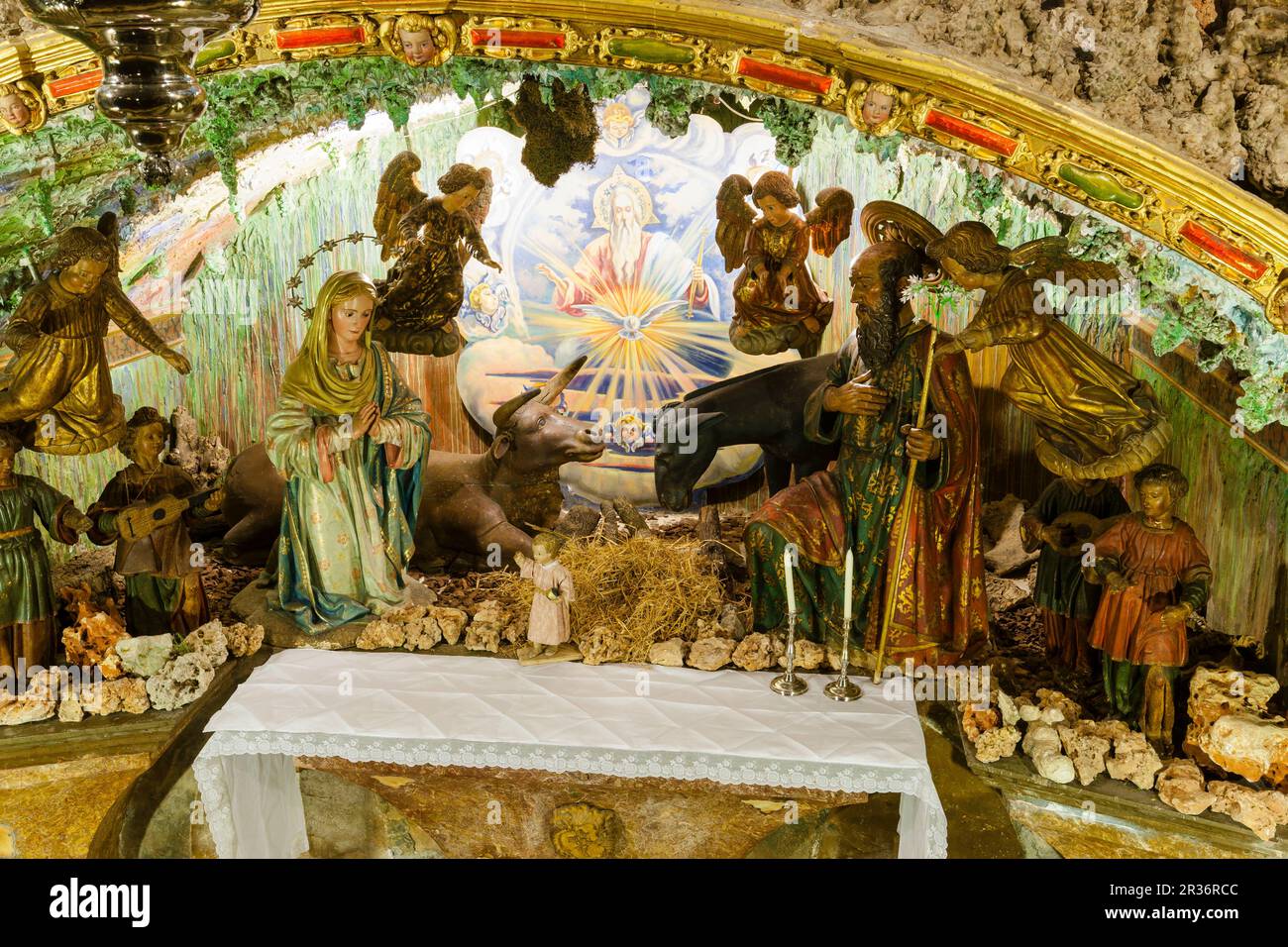 Figuras de Bélen, Convento de San Buenaventura, Capilla del Belén de la misma Iglesia, Llucmajor, Mallorca, Islas Baleares, España. Stockfoto