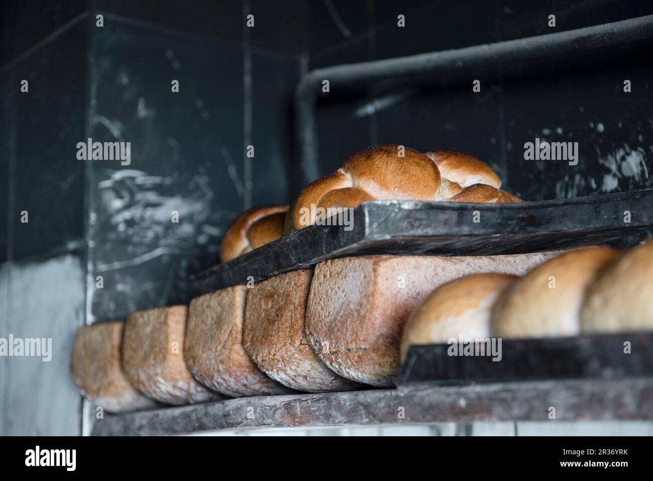 Hefezöpfe (süßes Brot aus Süddeutschland) und in einem Holzofen gebackener Laib (aus Sauerteig und Vollkornbrot) Stockfoto