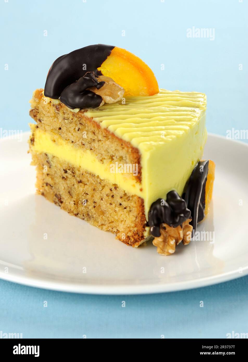 Ein Stück Walnusskuchen mit kandierten Orangen Stockfoto