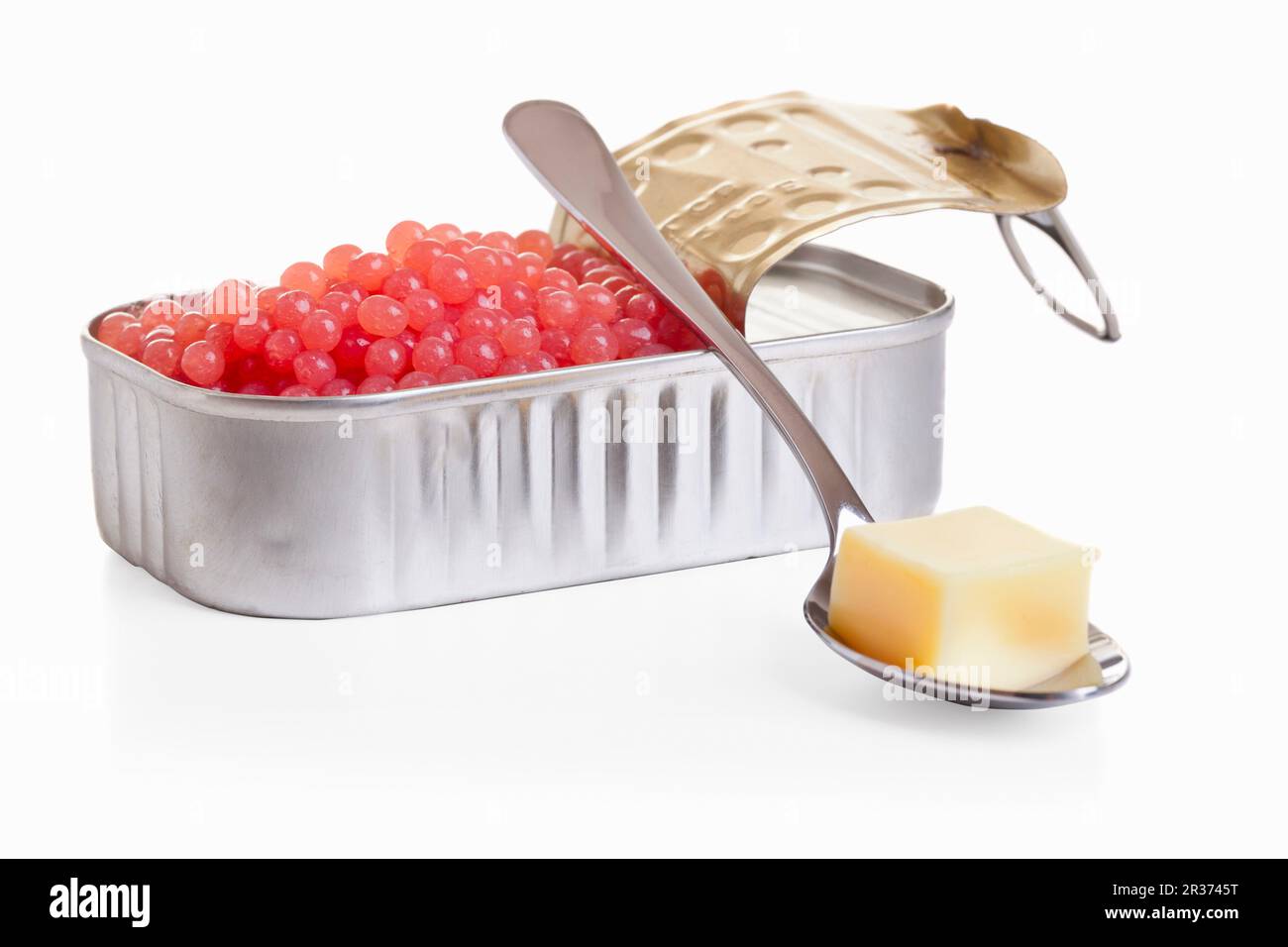 Himbeerkaviar mit Vanillesauce (molekulare Küche) Stockfoto