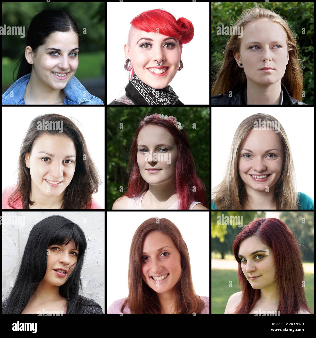 Kollektion mit 9 verschiedenen weissen Frauen im Alter von 18 bis 30 Jahren Stockfoto