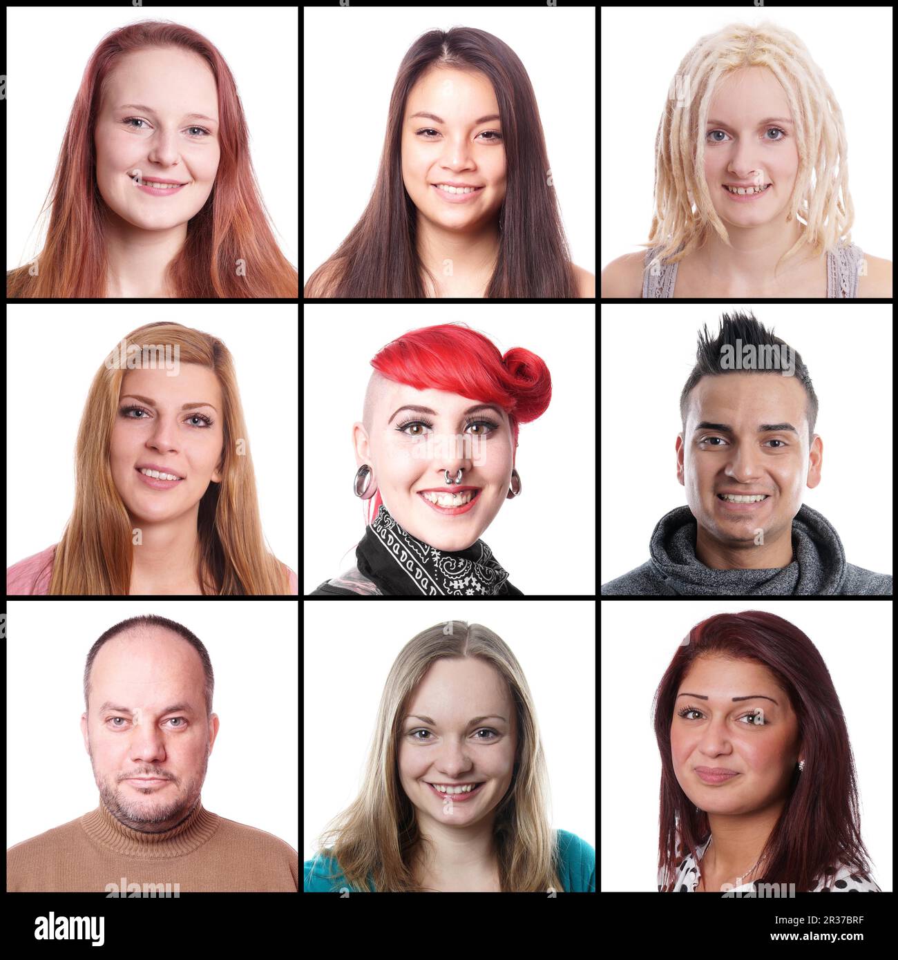 Kollektion mit 9 verschiedenen ethnischen Frauen und Männern im Alter von 18 bis 45 Jahren Stockfoto
