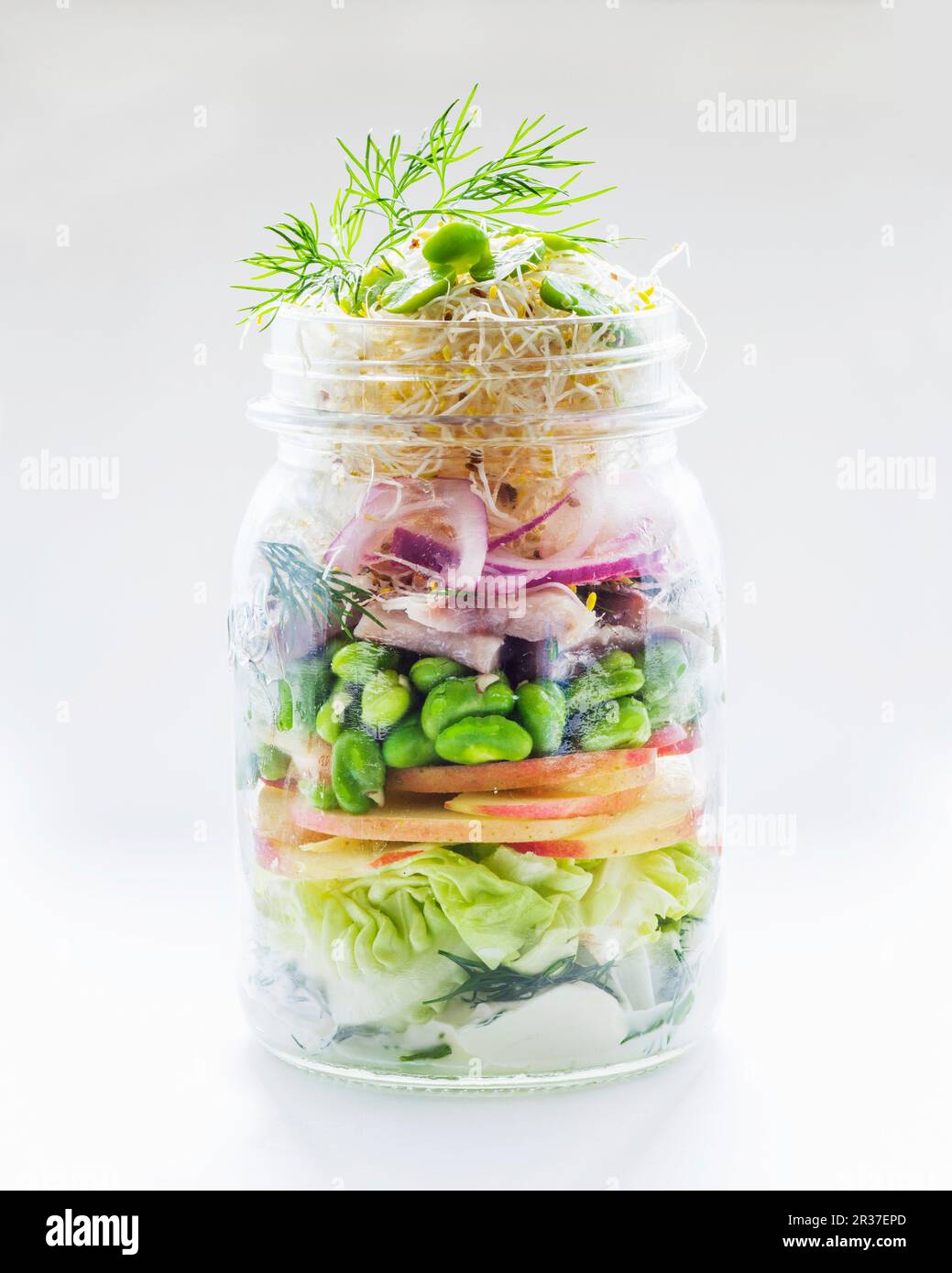 Gemüsesalat mit Apfel, Edamame, Hering und Trieben in einem Glas Stockfoto