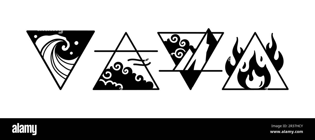 Vier Elemente Logo, Erde, Luft, Feuer, Wasser Symbol, Alchemische Elemente für Zodiakzeichen, astrologische dreieckige esoterische Symbole. Mystische Vektorbeispiele Stock Vektor