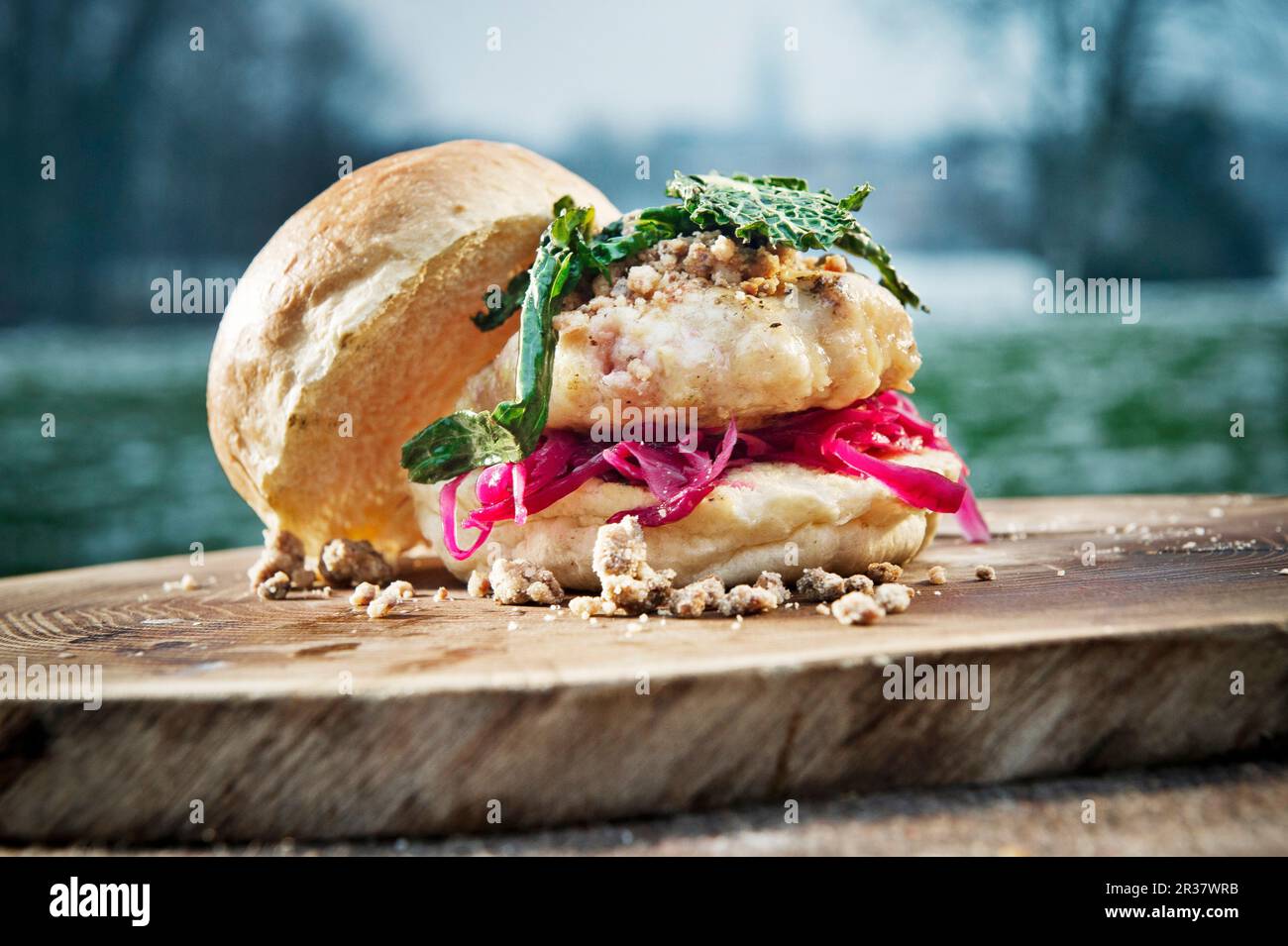 Burger mit Kohl auf einem Baumstumpf im Freien (Camping) Stockfoto