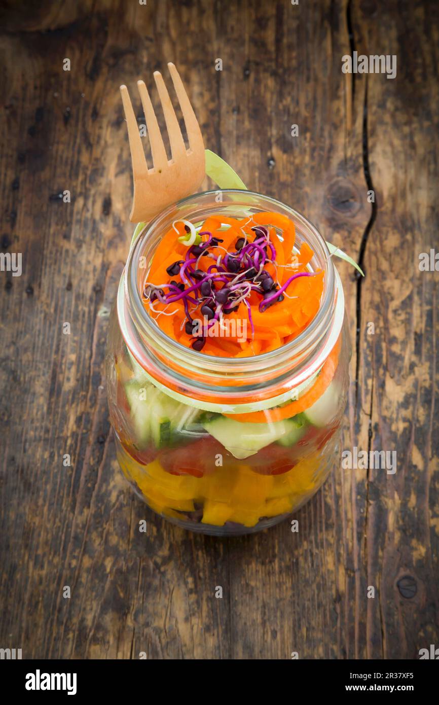 Regenbogensalat in Glasgefäßen mit Rotkohl, gelbem Pfeffer, Tomaten, Gurken, Karotten und Rote-Beete-Sprossen Stockfoto