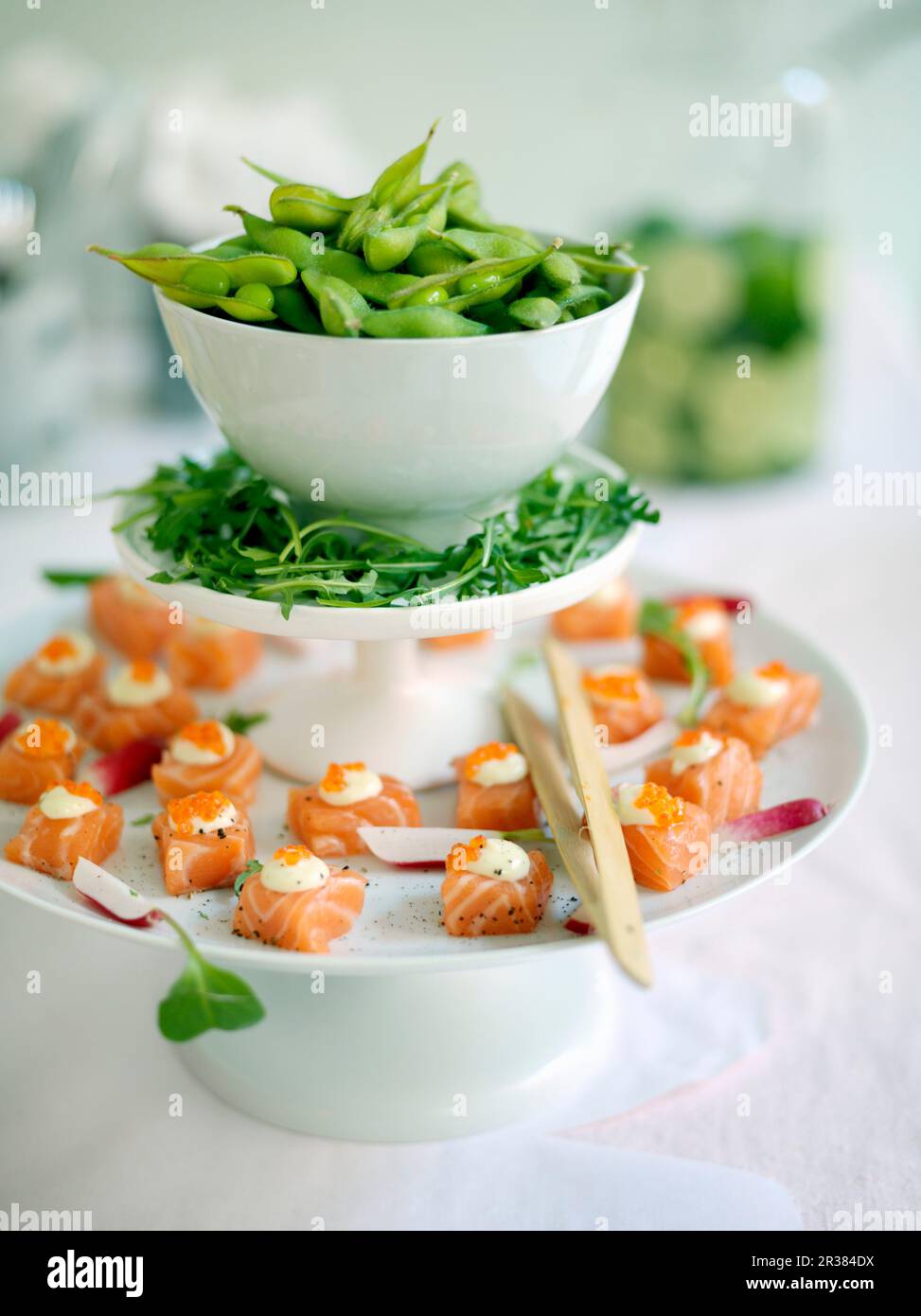 Lachswürfel mit Wasabi-Sahne Stockfoto