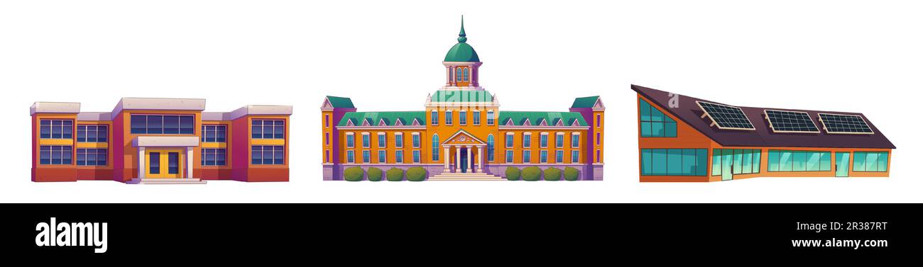 Eine Reihe von Gebäuden mit Schule, Universität und Einkaufszentrum, isoliert auf weißem Hintergrund. Zeitgenössische Cartoon-Vektordarstellung moderner und klassischer urbaner Architektur. Straßenbauer der Stadt Stock Vektor