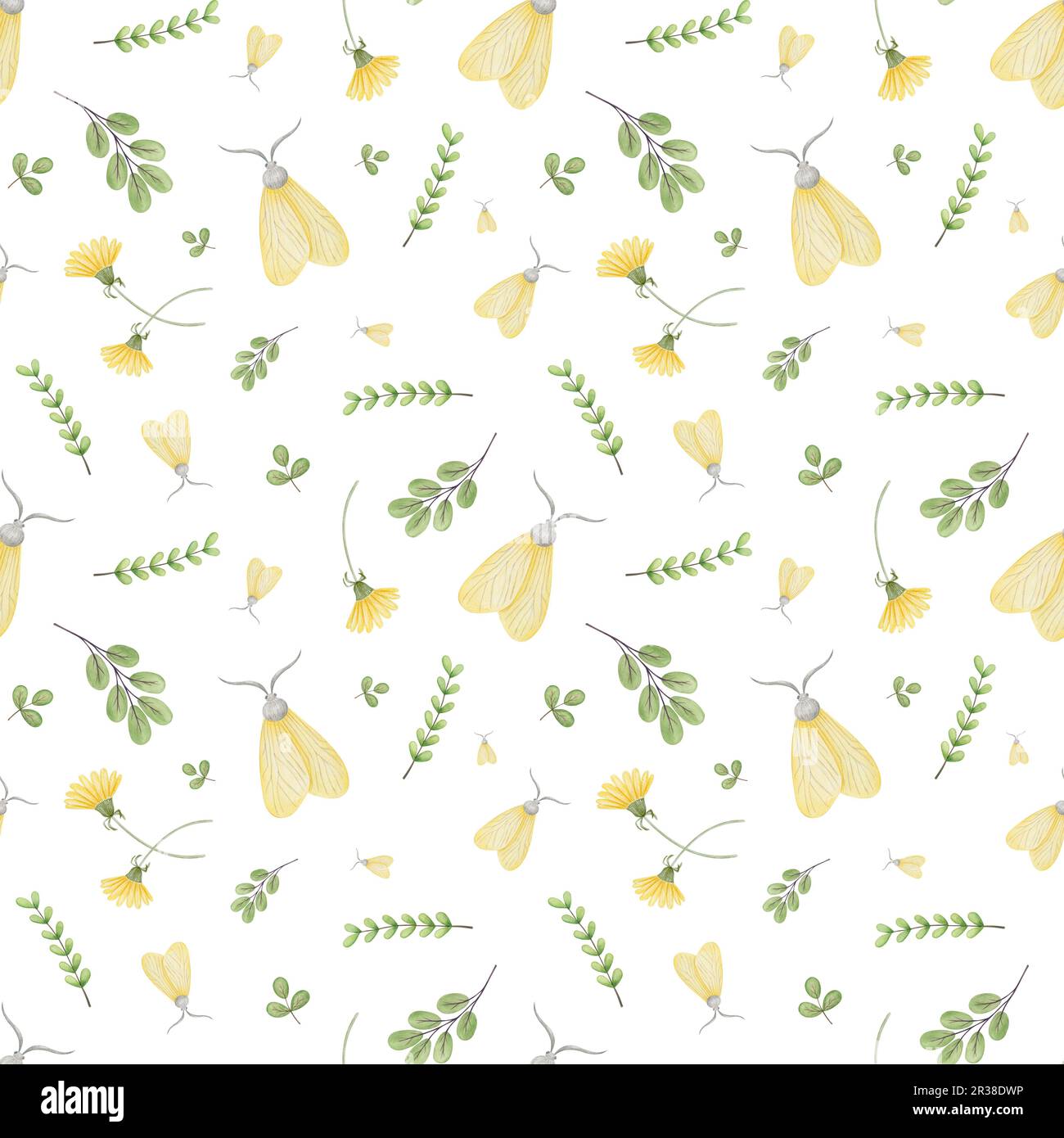 Gelber Hintergrund für Aquarelle und botanische Aquarelle. Nettes, zartes Baby-Mädchen-Muster. Stockfoto