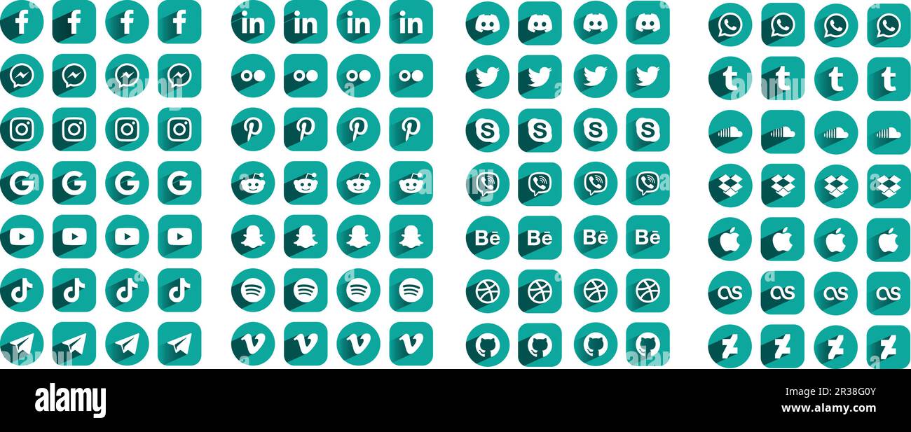 Symbole für soziale Medien und Apps Logos, flach mit Schatten, Kreis, abgerundetes Rechteck Grün Stock Vektor